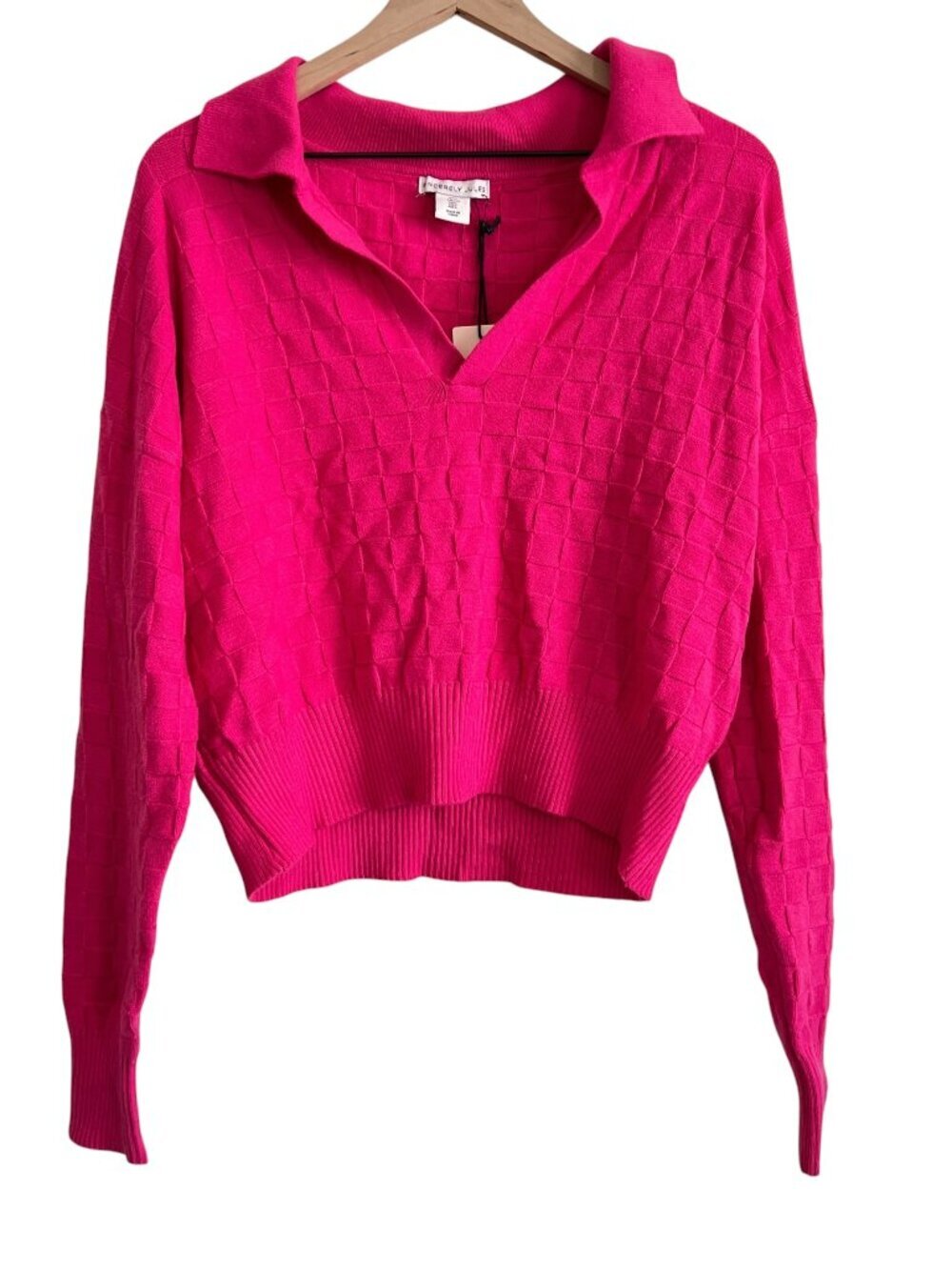 NWT Sincerely Jules Pink Checkered V-Neck Polo Sweater